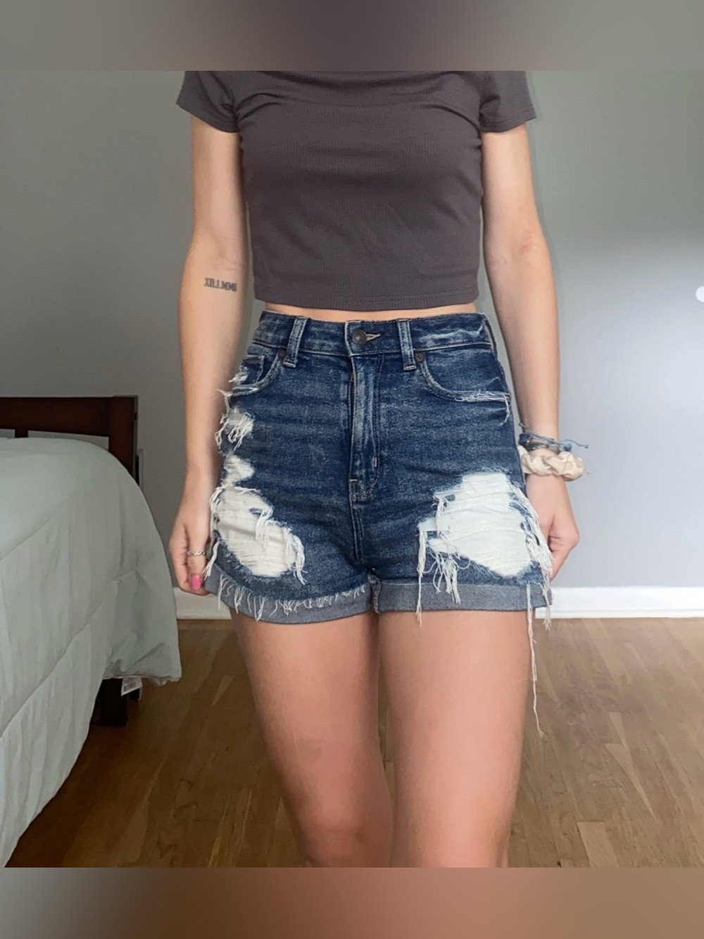 American Eagle Outfitters Dark Blue Distressed High-Rise Jean Shorts